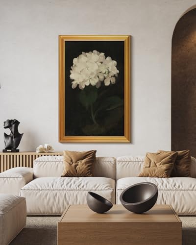 Image of HUARCEY Gold Framed Vintage Wall Art for Living Room, Flowers Painting Canvas Print Shelf Decor for Kitchen, Aesthetic Bedroom Wall Art, Christmas Gifts for Friends or Family (White Hydrangea 24 inchx36 inch)