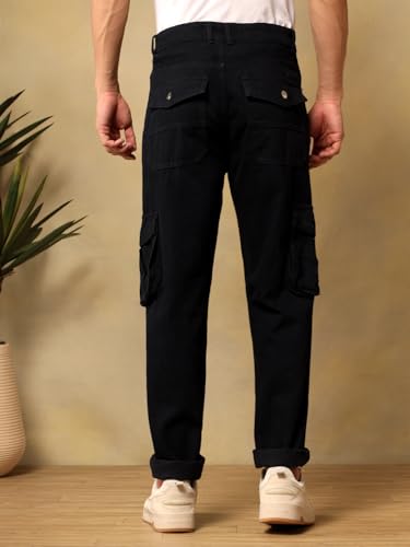 Image of KOTTY Mens Solid|Mid Rise| Utility Pocket|Button|Ankle Length Cargo Jeans