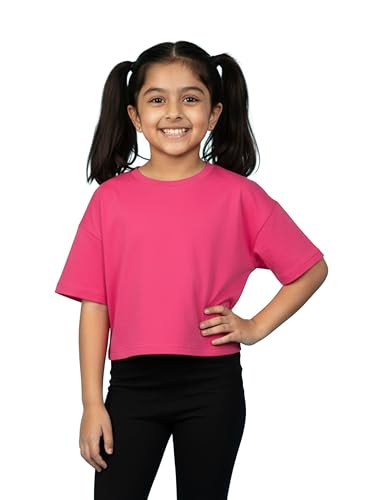 Image of KiddoPanti Girls 100% Cotton Solid Drop Shoulder Half Sleeve Round Neck Crop Tee
