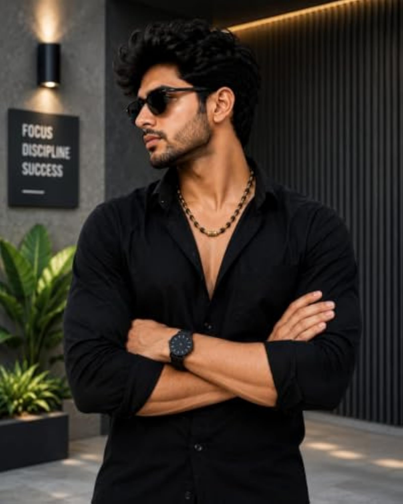 Men's Gold & Black Beaded Chain Necklace, Gold Plated