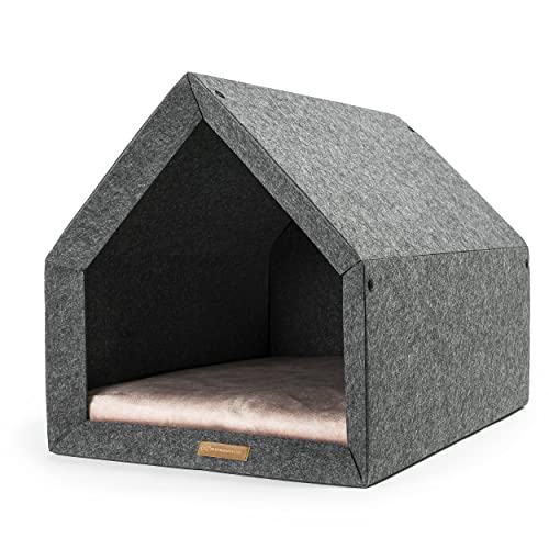 Rexproduct - PetHome Hundehütte mit Liegefläche und Dach I Biss- und Kratzfest I Gute Schalldämmung I Umweltfreundlich & Einfach zu Montieren I Größe S (60x42x43 cm) - Dunkelgrau und Rosa
