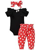 fioukiay Preemie Newborn Baby Girls Clothes Infant Little Kids Romper Bodysuit Pants Headband Clothing Set Summer Outfits (Black Polka Dot, 6-12 Months)
