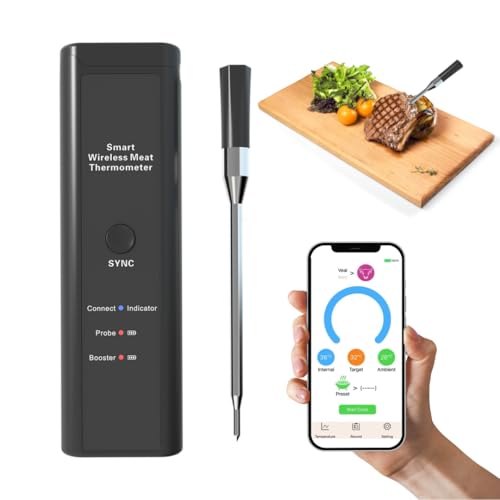 Smart Wireless Meat Thermometer - Probe, Booster Battery, IPX7 Waterproof, 1-2s Response, ±1.0°C Precision, 500ft Range - Ideal for BBQ, Kitchen, Grill, Smoker - Bluetooth, Charging Dock, USB C