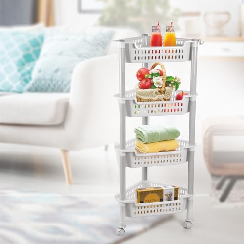 Nayasa Corner Trolley 4 Layers | Kitchen Organizer | Vegetable Stand for Kitchen | Kitchen Shelf Organizer | Vegetable Basket | Vegetable Trolley with Wheels | 39.5 X 28 X 89 cm | Grey