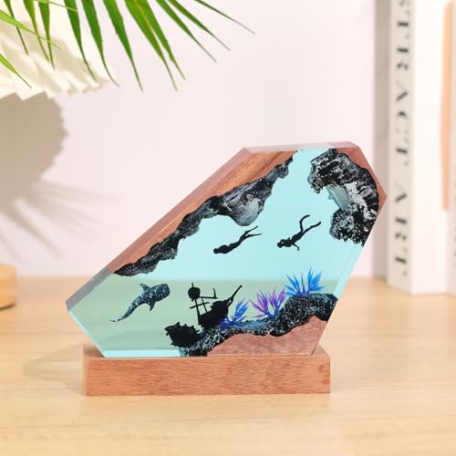 Image of Drawelry Ocean Creative Epoxy Resin Wood Light Lamp, Handmade Multi Color Aquatic Ocean Lamp Deep Sea Cave Diving Enthusiasts Led Night Light Desktop Decor Birthday Gift (Couple Diver, M)