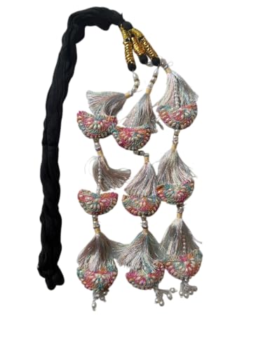Traditional Punjabi Paranda Hair Accessory for Women, Girls with Tassels, Embroidered Latkans, Pearl Beads & Long Braided Hair Extension for Ethnic Wear, Weddings & Festivals image 3