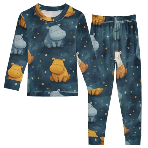 Pajama Sets Long Sleeve Starry Night Hippo Pattern Soft Comfy Sleepwear 2 Piece PJS 3-8T