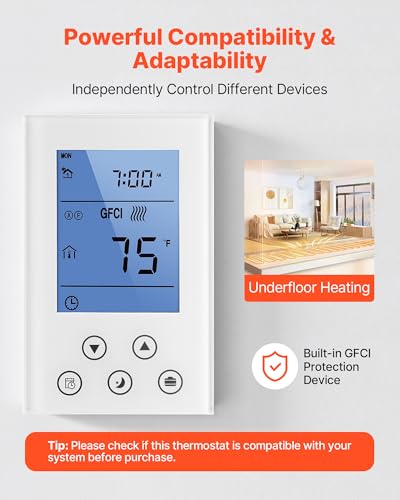 Image of VEVOR 7-Day Programmable Thermostat White - for Radiant Underfloor Heating Cable & Heat Pump, Built-in GFCI & Sensitive Sensor, LED Backlit Screen, Energy-Efficient