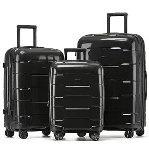 3-Piece Luggage Set Expandable Polypropylene Suitcase Set TSA Locks 8 Silent Spinner Wheels Lightweight Nested Suitcases Travel Set easyJet British Airways Jet2 Airline-Approved Carry-On Black
