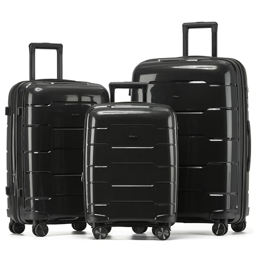 CRUW 3-Piece Luggage Set Expandable Polypropylene Suitcase Set TSA Locks 8 Silent Spinner Wheels Lightweight Nested Suitcases Travel Set easyJet British Airways Jet2 Airline-Approved Carry-On Black