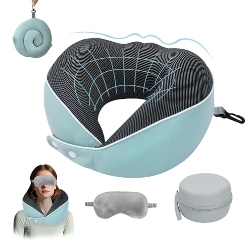 Chumix Almohada de Viaje para Cuello, Almohada Cervical para Oficina Avión Tren Coche Viajando, Plegable con MáScara 3D y Estuche, Cojin Cervical Viaje con Gancho para Facilitar el Viaje (Azul)