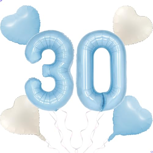 Blue 30 Balloon Number Pastel Blue Birthday Party Decor for Girls Boys, 40inch Big Sky Blue Balloon Foil Mylar 30 Birthday Balloon for 30th Birthday Party Anniversary Decorations Supplies Favors