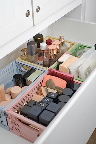 Desk Drawer Organizer Pastel Crates - Set Of 4 Folding Stackable Storage Bin Basket Container Organizing Office Kitchen Bathroom Classroom (9.8 X 6.5 X 3.8 Inches) #TOP4