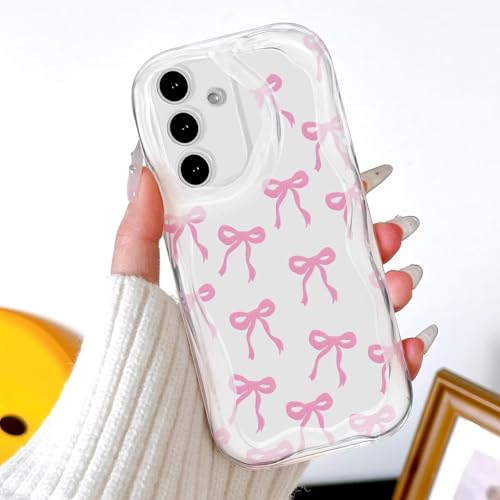 BEENTRYS Diseño de Lazo Funda para Samsung Galaxy A14 4G / A14 5G / A14 LTE Funda,Bonita Cinta Marco Ondulado Estético Niñas Mujeres Suave Transparente TPU Delgado Antigolpes Carcasa de Teléfono-Rosa