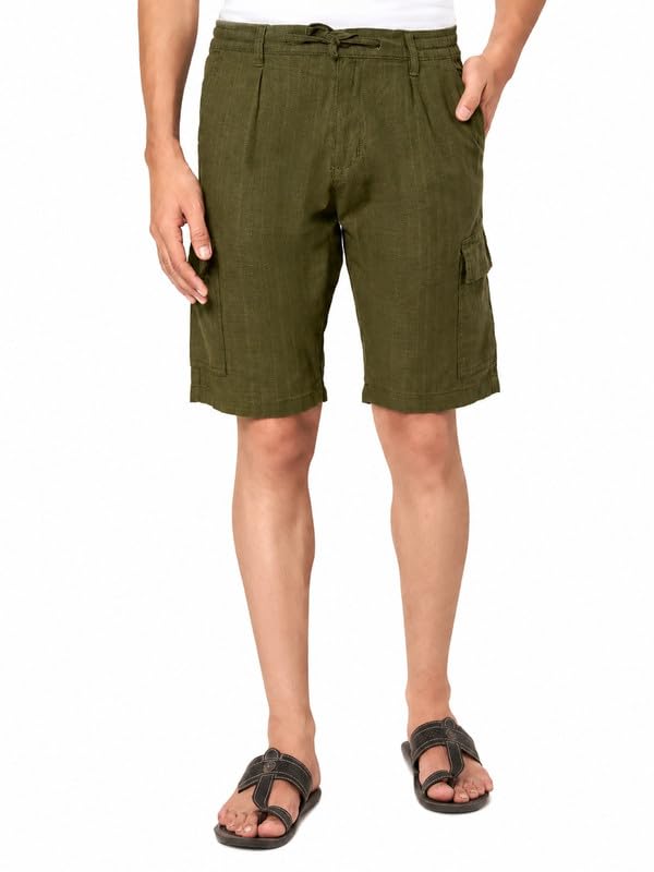 Amaara Men's Mid Waist Knee Length Regular Fit Olive Green Linen Cargo Shorts-image-3