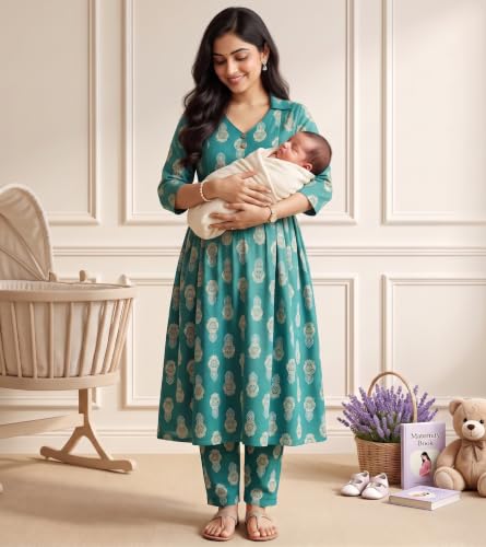 Image of DUMMY SHAPE Maternity Dresses for Women Cotton | Floral Kurta Pant Dupatta Set with Nursing Zippers, Side Pocket | Pre & Post Pregnancy | Feeding Kurti Suit | Baby Shower | Gifts for Pregnant Woman