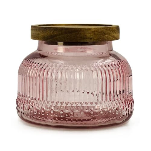 Tarro decorativo de vidrio rosa con tapa de madera hermética, 26.4 onzas, recipiente vintage de almacenamiento de alimentos de cocina de boca ancha para galletas, caramelos, miel, harina, especias