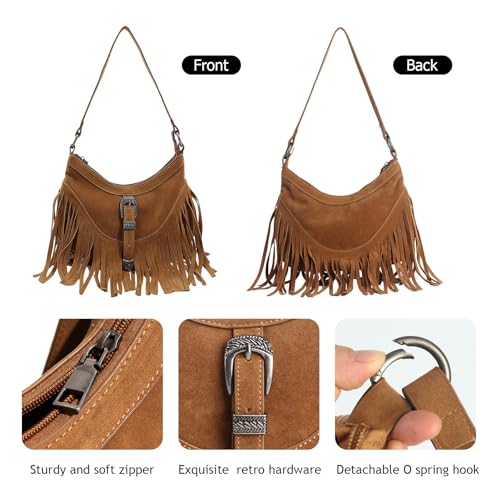 Fringe Hobo Purse for Women,Western Small Fringed Shoulder Bag Vegan Suede Hippie Crossbody Bag with Tassel4