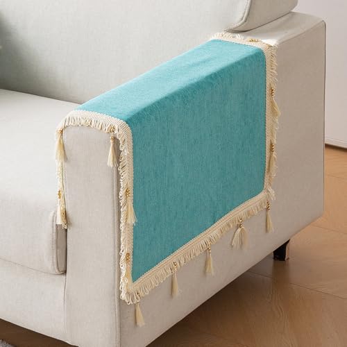 Image of HOKIPO 'Serenity Tassel' Chenille Sofa Arm Cover with Tassels - 1 Pair | Ocean Teal (IN-893-SBL*2)