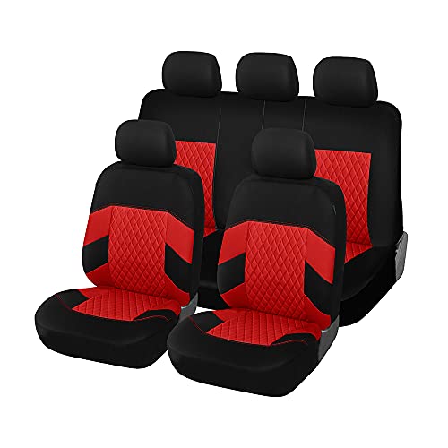 Car Seat Covers Full Set, TOYOUN Universal Seat Covers for 5 Car Seater Front Bucket Seat Covers and 50-50 or 60-40 Rear Split Bench Back Seat Covers, Airbag Compatible, Two-Tone Black & Red Fabric