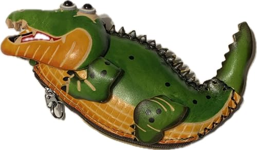 Handmade Vintage Genuine Leather 3D Animal Alligator Coin Purse with Removable wrist strap (Green)