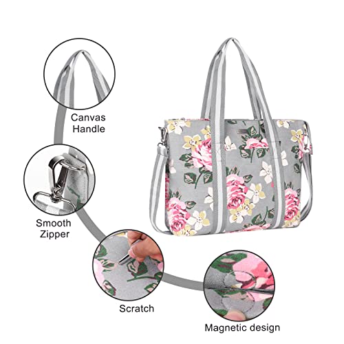 MOSISO Laptop Tote Bag for Women (17-17.3 inch), Canvas Rose Multifunctional Work Travel Shopping Duffel Carrying Shoulder Handbag Compatible with MacBook, Notebook and Chromebook, Grey3