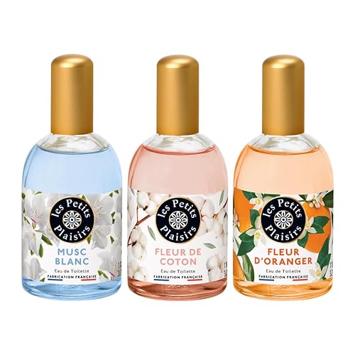 Les Petits Plaisirs – Lote de 3 – Eau de toilette Almizcle blanco, Flor de algodón y Flor de naranjo. Perfume mujer, Delicado y Envolvente. Colonia mujer, Fabricada en Francia. Frasco de 110ml