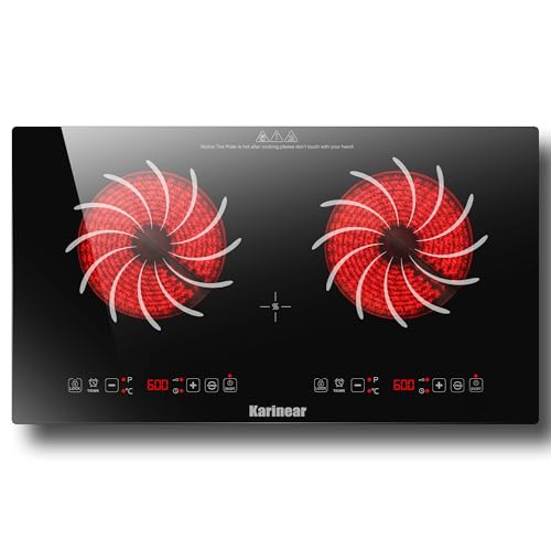 Karinear Estufa eléctrica portátil de 2 quemadores de 110 V, estufa eléctrica portátil de 24 pulgadas, estufa eléctrica de cerámica radiante, sensor táctil, temporizador, bloqueo de seguridad