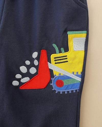 Irsutey Toddler Boys' Excavator Embroidered Sports Pants with Cotton Drawstring and Elastic Jogging Belt Pocket Pants 1-7Y4