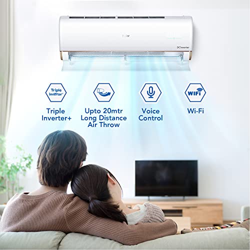Image of Haier 1.6 Ton 4 Star Built-in Air purifier Inverter Split AC(100% Grooved copper, 4 -way swing, 60 degree Cooling at Extreme Temperature, 2022 Model, HSU19P-JW4B(INV), White body)