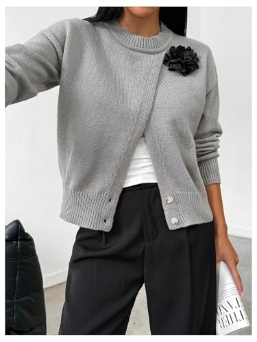 MakeMeChic Women's Wrap Cardigan Sweater Flower Button Down Pullovers Tops3