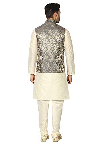 Image of Uri and MacKenzie Men's Silk Blend Regular Kurta Churidar Pyjama with Bundi Nehru Jacket /Waistcoat
