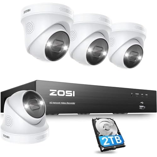 ZOSI 4K POE Security Camera System, 4PCS 4K Outdoor Indoor Spotlight PoE IP Cameras Wired, Color Night Vision, Motion Alert, 8 Ports 16CH 8MP Home Surveillance NVR with 2TB HDD for 24/7 Reco