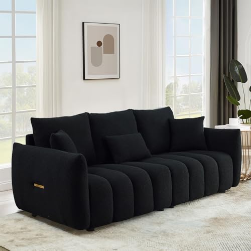 Image of Antetek 78 inch Modern Sofa Couch, Comfy Deep Seat Teddy Fabric Cloud Sofa, Upholstered 3-Seater Boucle Couch, Oversized Loveseat for Living Room, Bedroom, Office, Apartment, Black