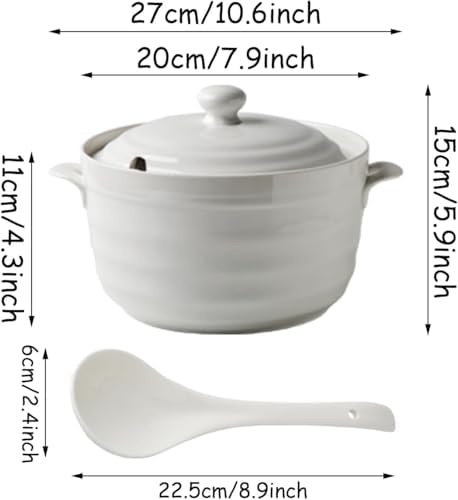 Soup Tureen with Glass Lid and Spoon, Serving Soup Bowls with Lid White ，Round 2pc Set Serveware Big Serving Bowl, Elegant Ceramic/PorcelainWhite,2.2L