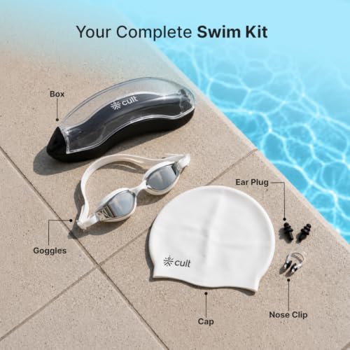 Image of CULT Swimming Cap Goggles with Ear Plugs & Nose Clip Set for Men & Women, Anti-Fog Swimming Goggles with Adjustable Strap, Silicone Swim Cap Combo for Training, Pool & Fitness, White