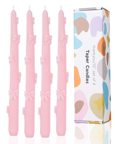 LPUSA Taper Candle Pink Candlestick Bow Soy Candles Unscented Wedding Party Wax Unscented Dinner Candle Dripless,10 inch,Set of 4,J1