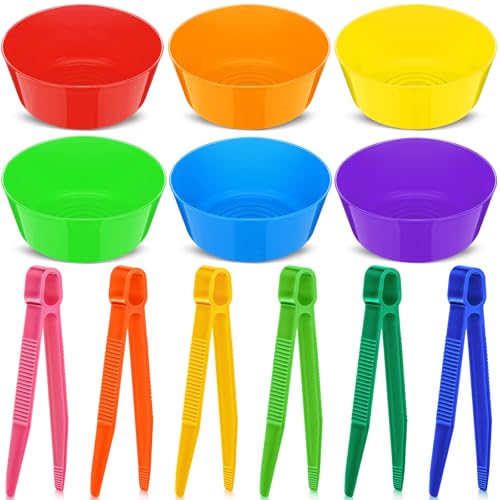 Image of VioraWhite 12 Pcs Sorting Bowls with Tweezers, 6 Color Counting Toy Develops Fine Motor Skills, STEM Early Math Activity Set for Preschool Kids, Ideal for Back to School Learning