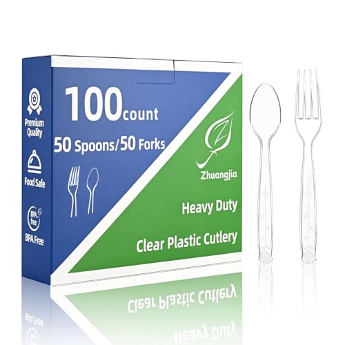 100 Count Plastic Silverware Heavy Duty 50Forks50Spoons | Shatterproof BPA-Free Disposable Cutlery Heat Resistant Disposable Plastic Utensils for Catering & Events Party Supplies