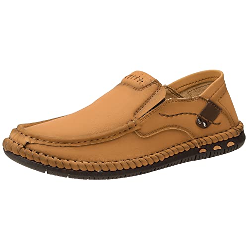 OutPro Mokassin Herren Slipper Leder Leicht Loafer & Slip-ons Weich Flache Bootsschuhe Sommer Lässige Schuhe,Braun,44 EU