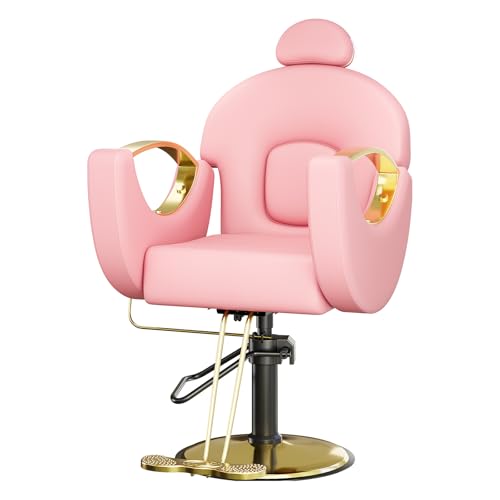 Reclining Salon Chair with Foot Rest, Barber Chair with Heavy Duty Height Adjustable Hydraulic Pump and 360 Degree Swivel, Styling Braiding Hairdresser Chair for Home Barbershop- Pink & Gold