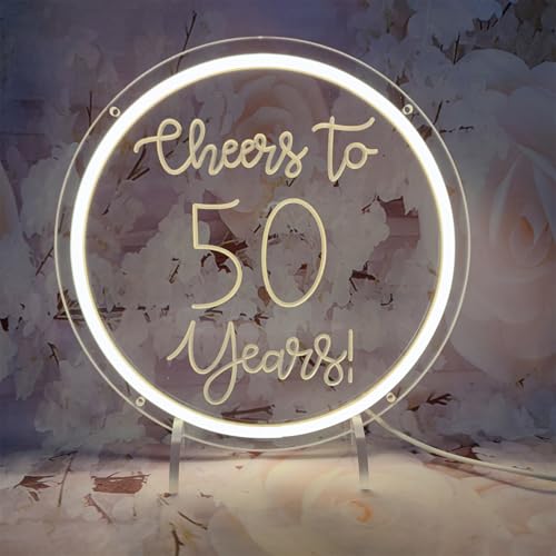 Image of Cheers to 50 Years Neon Signs for Wall Decor, 50th Anniversary Decorations LED Lights Sign 50th Birthday Decorations for Living Room Bedroom Bar Birthday Wedding Party Decor, 11 inch x 11 inch
