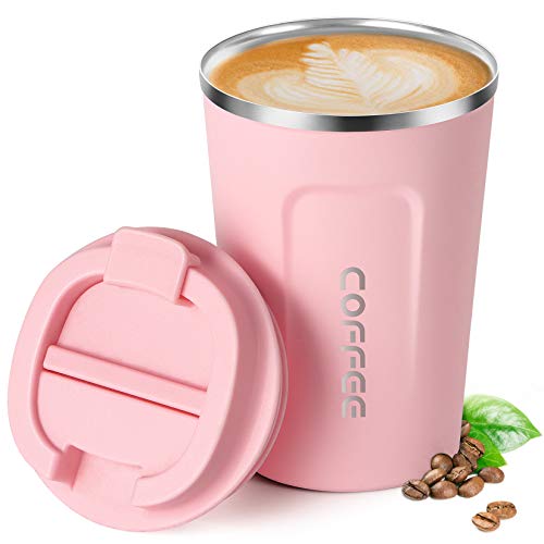 Taza de viaje aislada al vacío de 13 oz (380 ml), Smilatte Taza de café reutilizable de acero inoxidable de doble pared a prueba de fugas con tapa para bebidas frías y calientes, textura mate rosa Cover