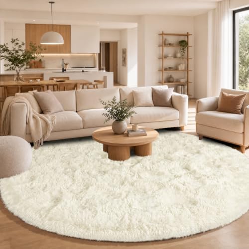 Image of Round Rug 160cm Cream Soft Fluffy Shaggy Large Rugs for Living Room bedroom