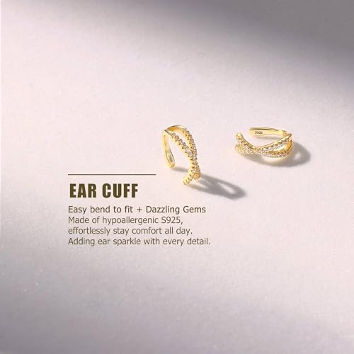 KRFY 2Pcs Adjustable Ear Cuff S925 Sterling Silver Ear Cuffs Non Piercing Cuff Earrings for Women Gold Plated 5A Cubic Zirconia Clip On Cartilage Helix Conch Fake Earrings Hypoallergenic by Krfy - Image 2