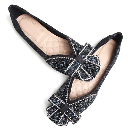 Image of SAILING LU Women's Rhinestone Square Toe Bowknots Ballet Flats Loafers