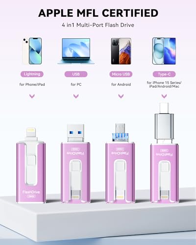 Image of MFi Certified Flash Drive for iPhone iPad 256GB, Photo Stick for External Memory Storage, Easily Back Up and Save Photos Videos, USB Memory Stick Thumb Drive for iPhone /iPad /Android /PC (Purple)