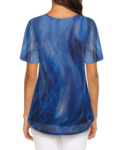 Furnex Blouses For Women Fashion 2023 Womens Tunic Tops For Leggings Summer Flowy Dressy Shirts Business Casual Outfits Pleated Floral Tunics Work Spring Mesh Blouse Office Elegant Starry Blue Xxl #TOP1