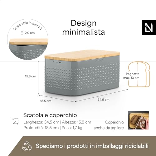 Image of LARS NYSOM Bread Box I Metal bread box for long lasting freshness with non-slip pads I Baked goods Bin with bamboo lid usable as cutting board I 13.6x7.3x6.2in (Ash Gray)