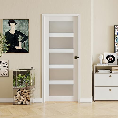 Image of 60 inch x 80 inch French Doors, 5-Lite Frosted Glass Interior Door with Black Door Levers, Pantry Door Slabs for Bathroom Bedroom Pantry Laundry Closet Door, Assembly Required